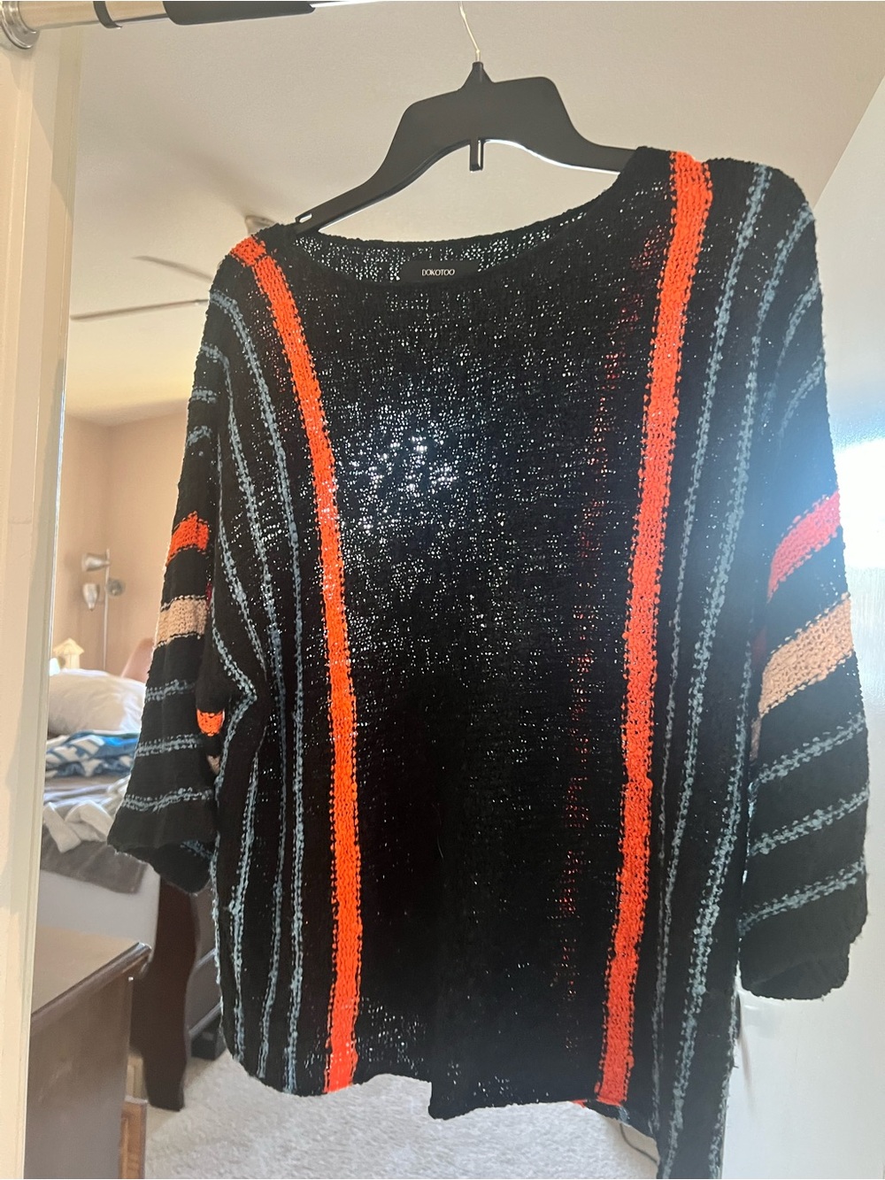 Black Crewneck Sweater with Orange & Light Blue Stripes - Women